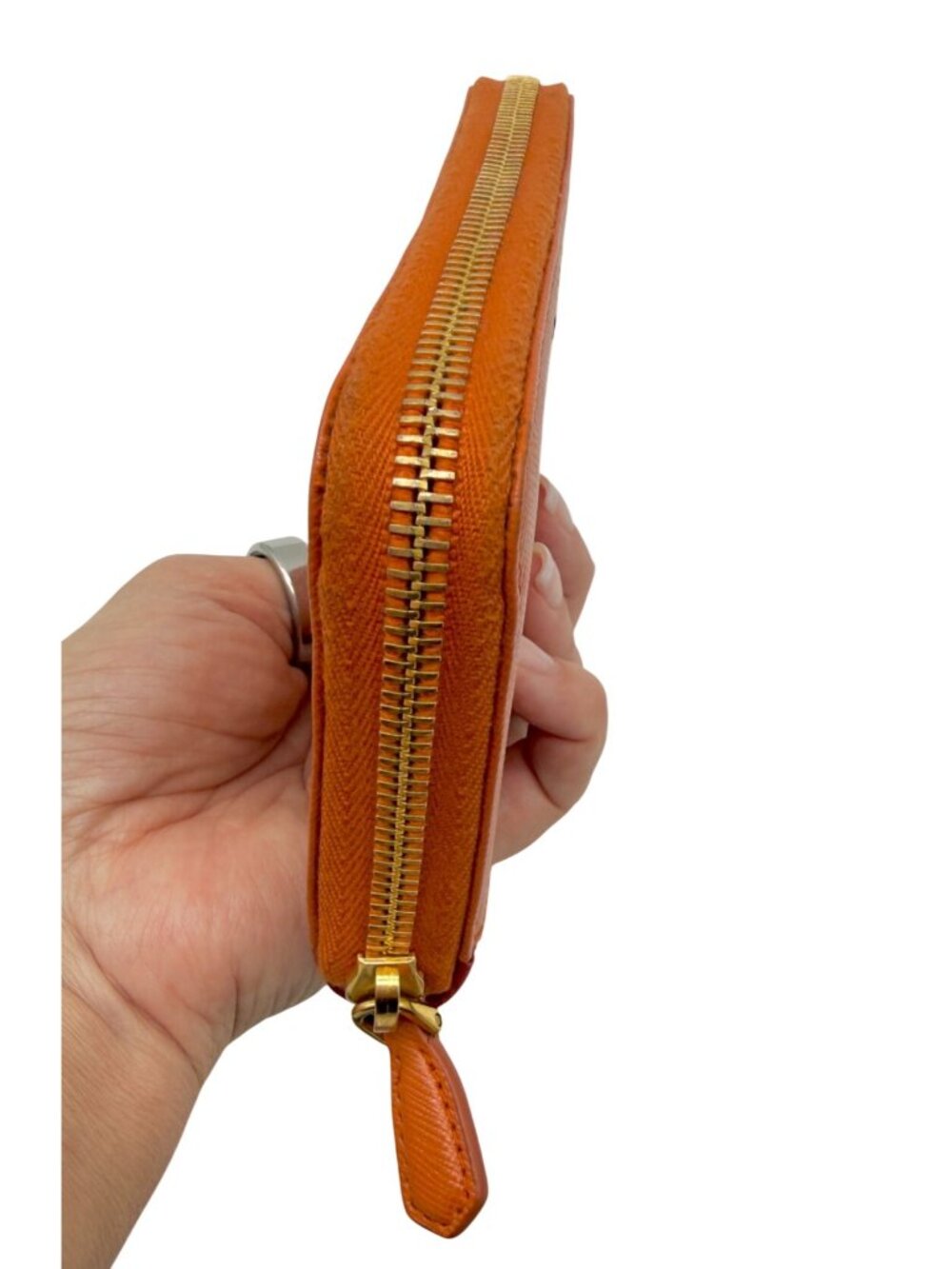 Prada Orange/Red Saffiano Leather Bicolor Zip Around Wallet featuring a gold log - Picture 11 of 12
